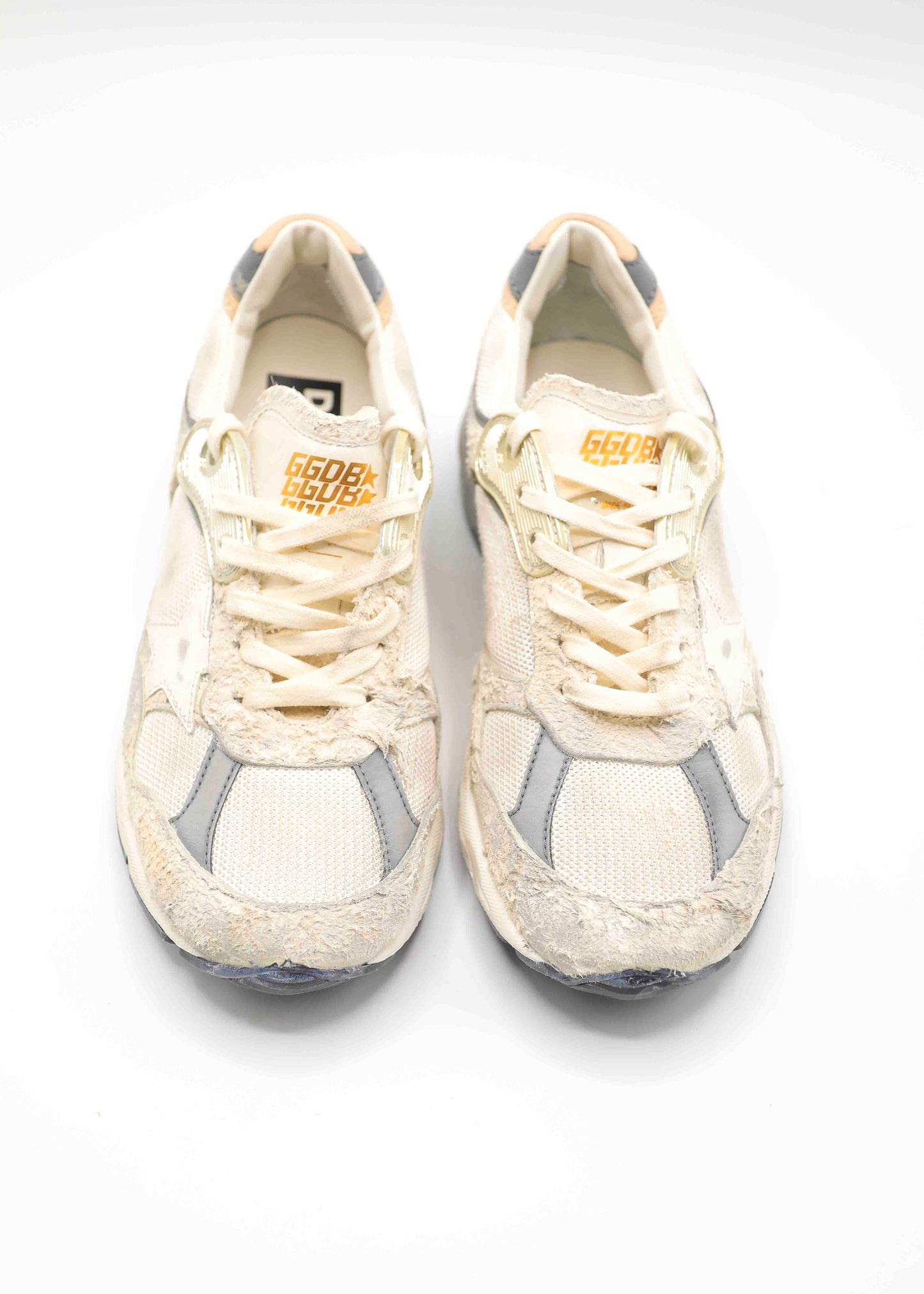 golden goose running dad white silver front