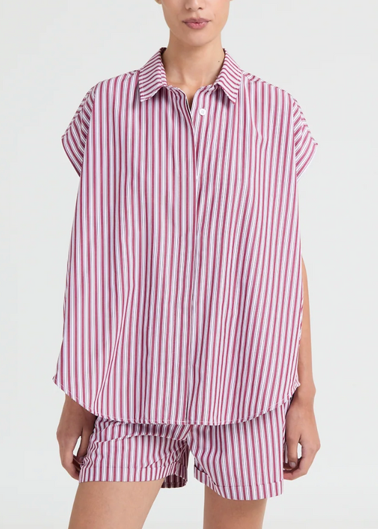 Oversized striped blouse with a relaxed fit and cap sleeves.

Color: Pink/Burgundy stripes