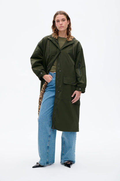 DEMI COAT LONG GREEN LEOPARD