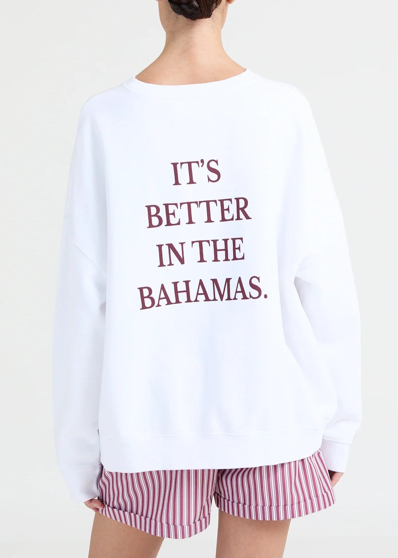 The Cooper 'Already late' Sweater is crafted from 100% premium cotton. Designed for a relaxed silhouette with slightly dropped shoulders and ribbed trims. While the front remains minimal, the back features our bold "It's better in the Bahamas" typography.