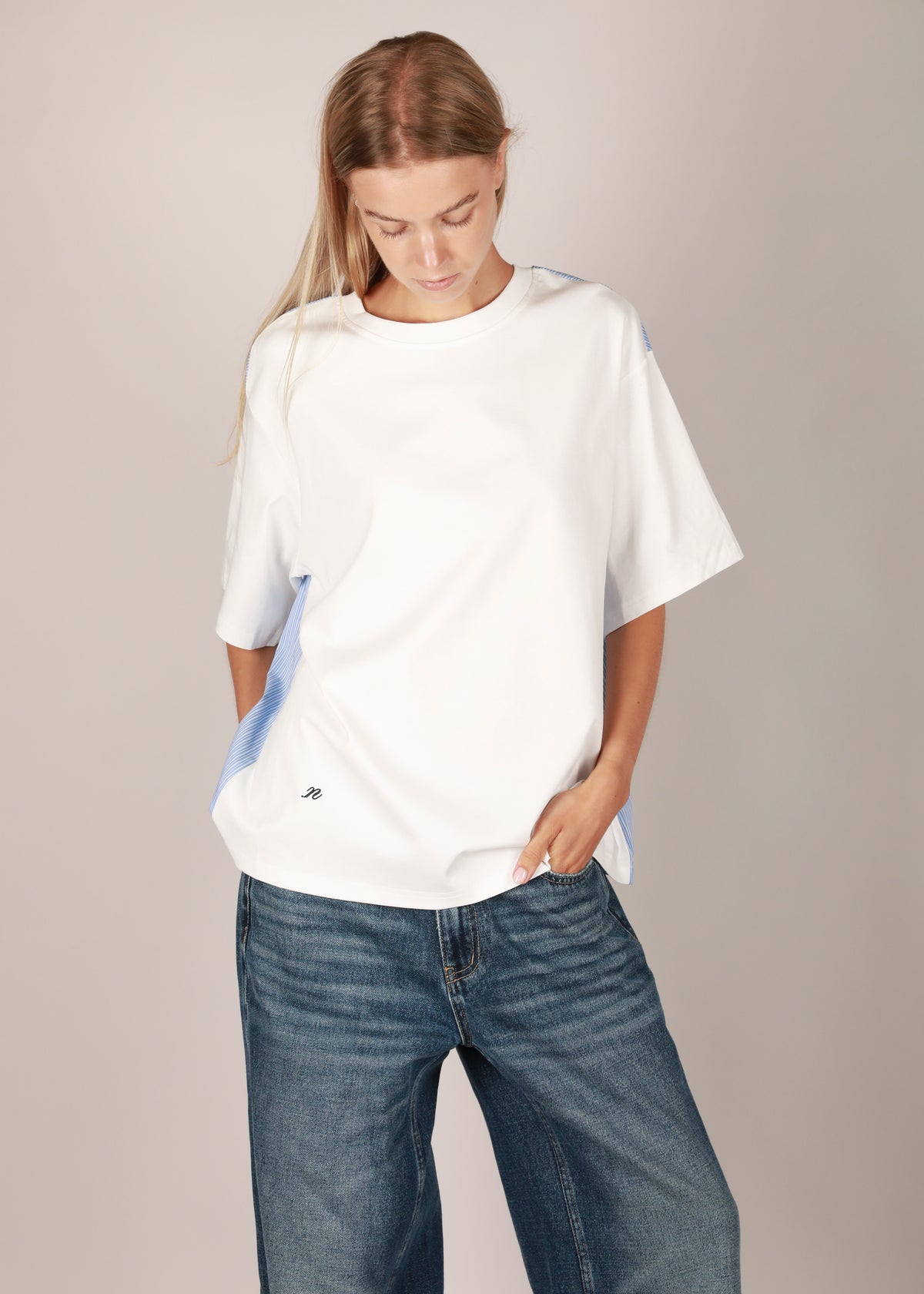 NOTED ANTWERP - COLI TOP TSHIRT WHITE/STRIPE BLEU