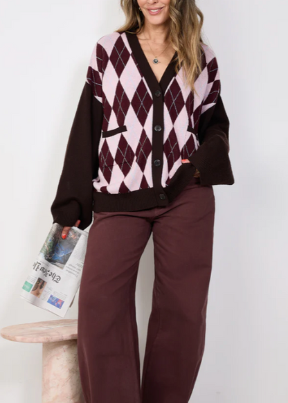 CARDIGAN BROWN PINK ARGYLE