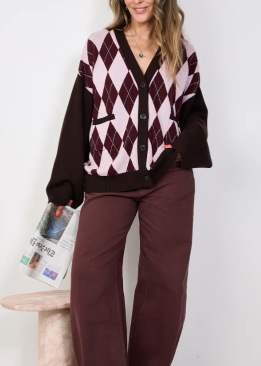 CARDIGAN BROWN PINK ARGYLE